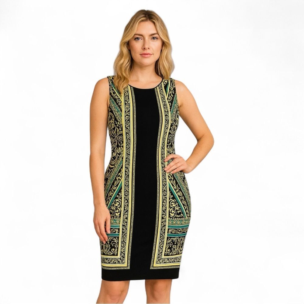Alfani Baroque Print Sheath Dress PM Black Green Gold Career